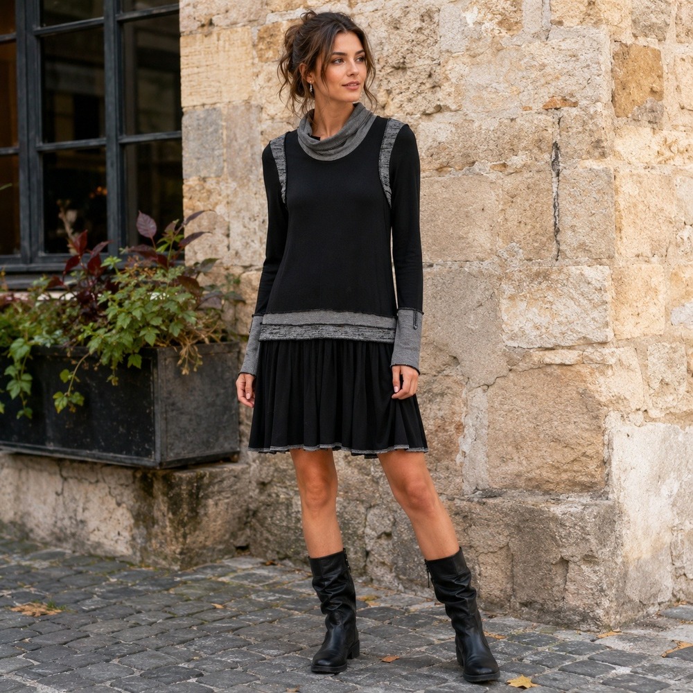 Premise T1 Black Gray Cowl‎ Neck Layered Knit Dress Stretch Lagenlook Small